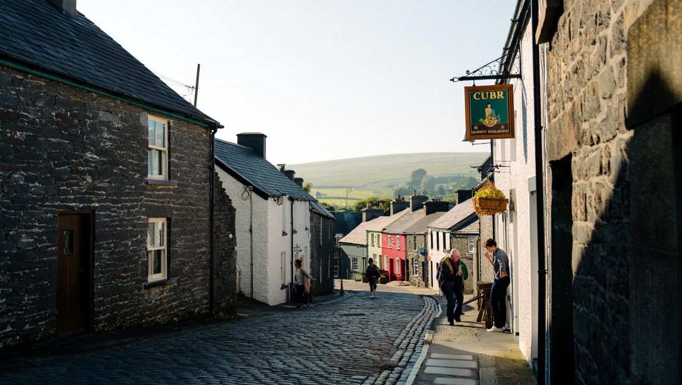 A cobbled village street with stone cottages, a country pub sign and rolling green hills beyond