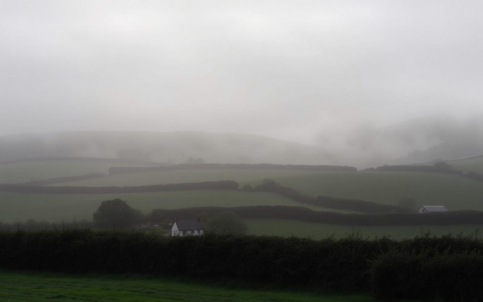 Misty Irish farmland at dawn with layered hills and hedgerows