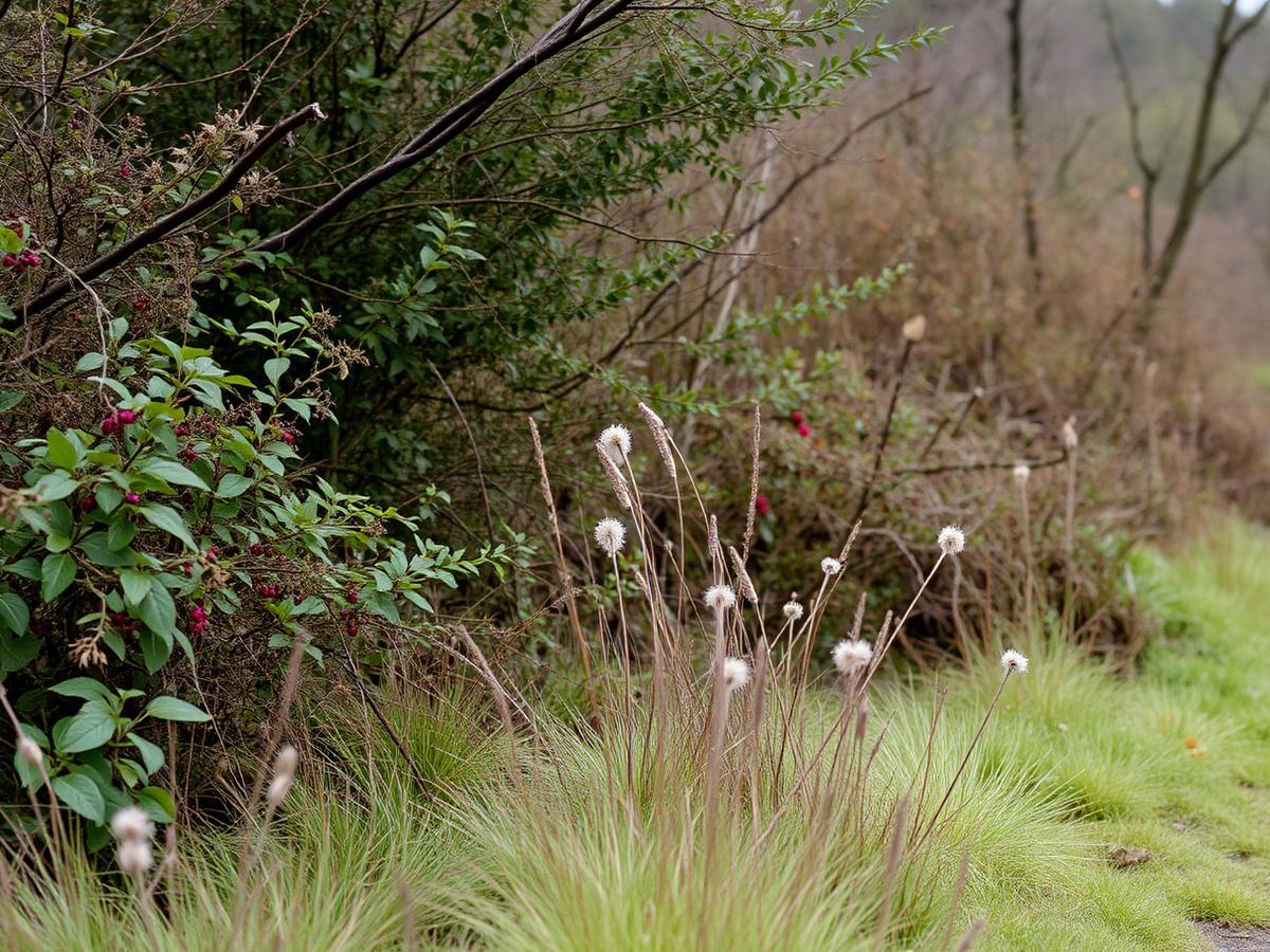 A native Irish hedgerow of hawthorn and bramble beside rough grass