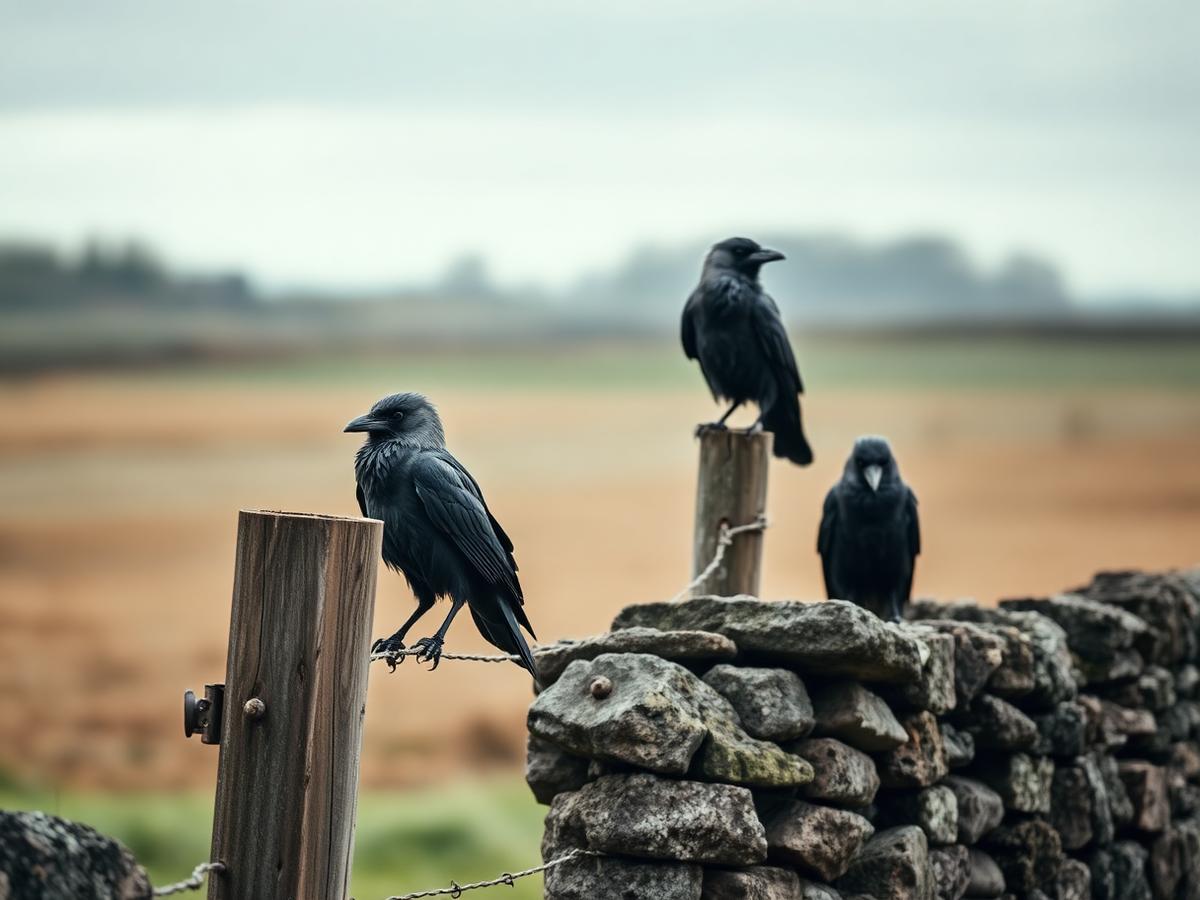 Hooded grey crows perched on a fence post and dry stone wall in Irish farmland