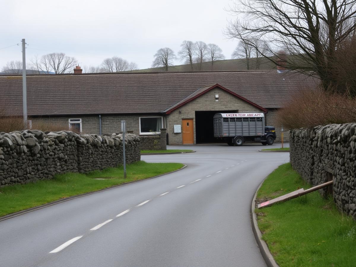 A quiet Irish country road passing a farm yard with a livestock trailer